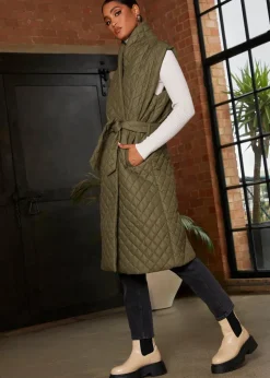 Chi Chi London Khaki Diamond Quilted Longline Belted Gilet
