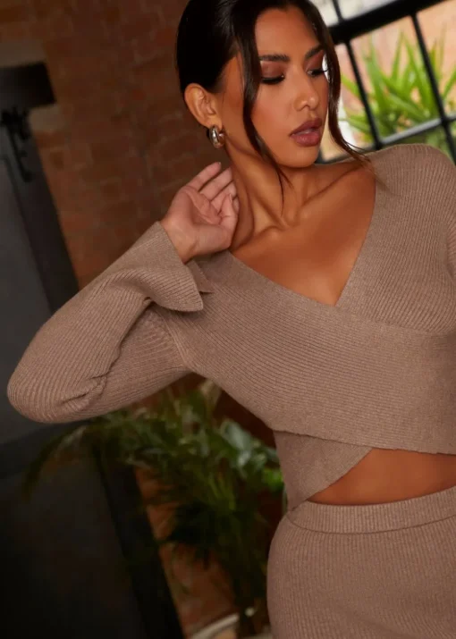 Chi Chi London Mocha Flute Sleeve Wrap Detail Rib Knit Jumper