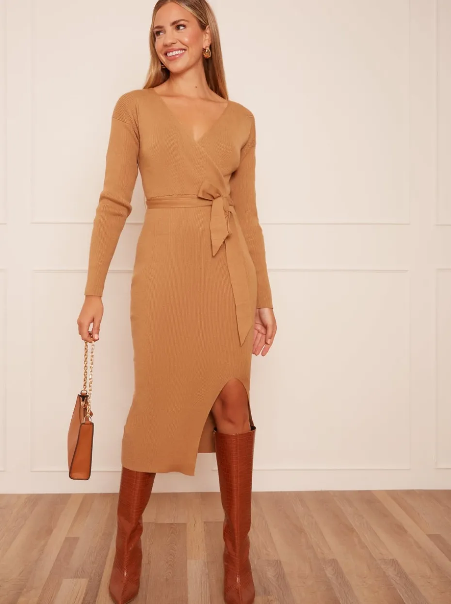 Chi Chi London Natural Wrap Split Side Knitted Midi Dress