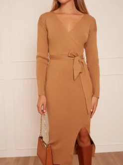Chi Chi London Natural Wrap Split Side Knitted Midi Dress