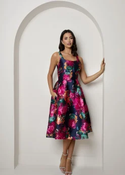 Chi Chi London Navy Plus Size Sleeveless Floral Fit and Flare Midi Dress