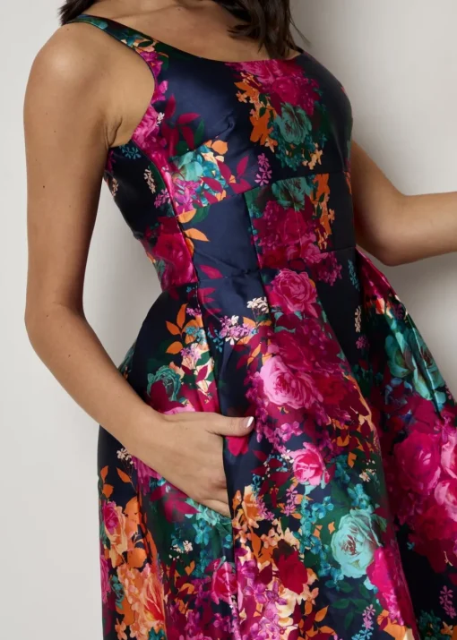 Chi Chi London Navy Plus Size Sleeveless Floral Fit and Flare Midi Dress