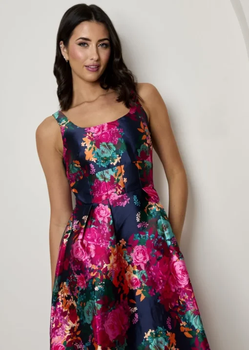Chi Chi London Navy Plus Size Sleeveless Floral Fit and Flare Midi Dress