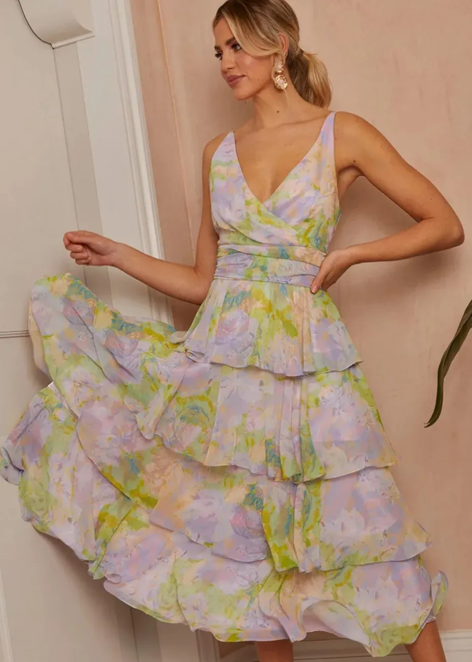 Chi Chi London Purple Sleeveless Watercolour Print Midi Dress