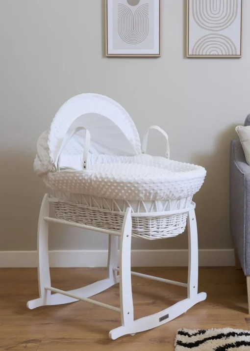 Clair de Lune White Dimple Wicker Moses Basket  with Deluxe Rocking Stand