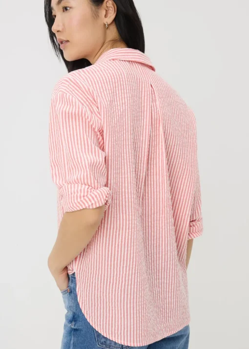 Coral Stripe Seersucker Cotton Shirt