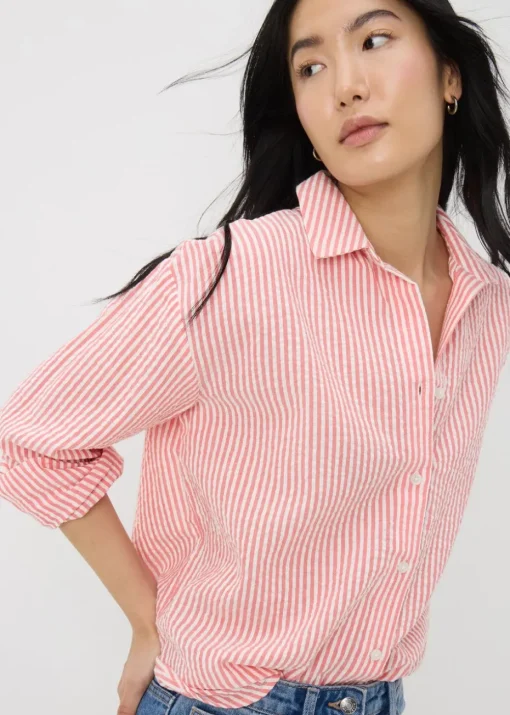 Coral Stripe Seersucker Cotton Shirt