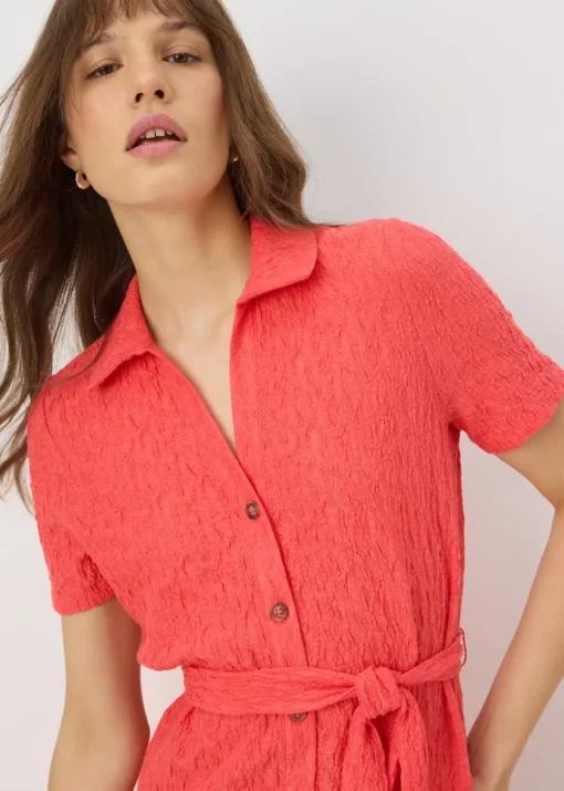 Coral Textured Shirt Midi Dress