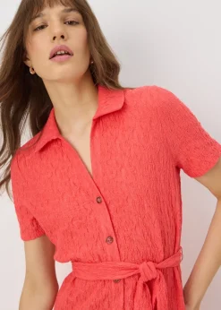 Coral Textured Shirt Midi Dress
