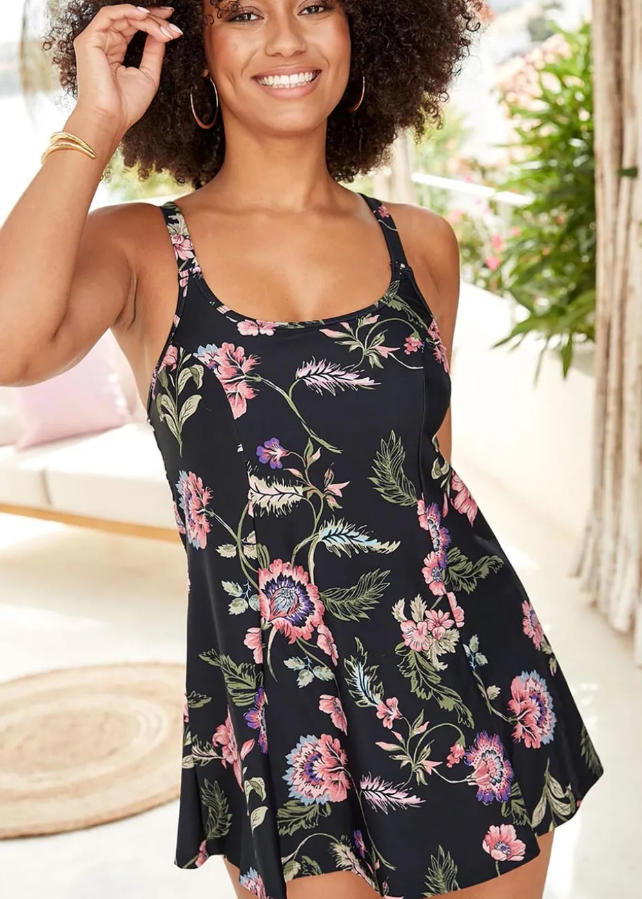 Cotton Traders Black Tummy Control Printed Swim Dress