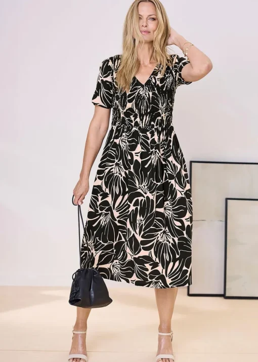 Cotton Traders Black V Neck Printed Midi Dress