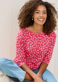 Cotton Traders Coral 3/4 Sleeve Boat Neck Printed Top