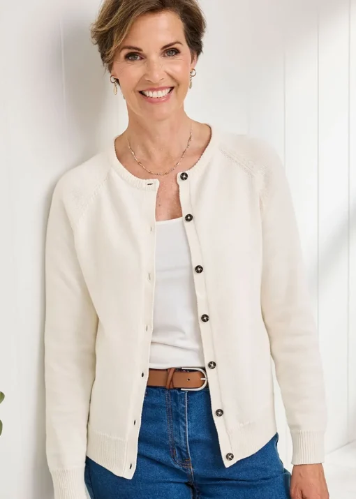 Cotton Traders Cream Cotton Crew Neck Cardigan