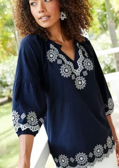 Cotton Traders Dark Blue Embroidered 3/4 Sleeve Top