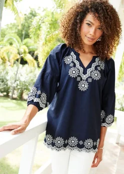 Cotton Traders Dark Blue Embroidered 3/4 Sleeve Top