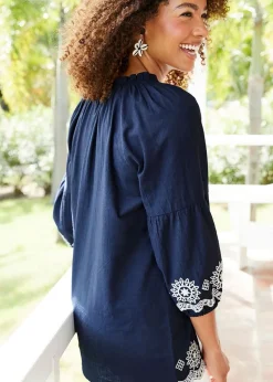 Cotton Traders Dark Blue Embroidered 3/4 Sleeve Top