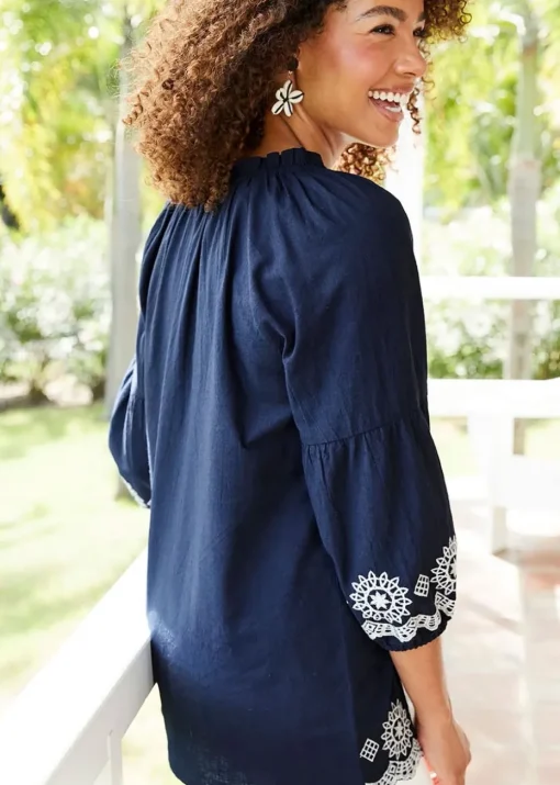 Cotton Traders Dark Blue Embroidered 3/4 Sleeve Top