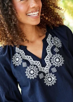 Cotton Traders Dark Blue Embroidered 3/4 Sleeve Top