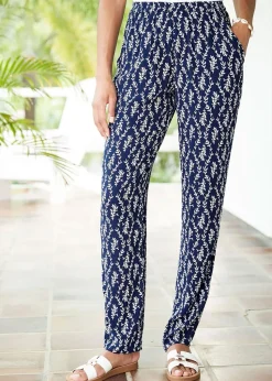 Cotton Traders Dark Blue Printed Crinkle Tapered Leg Trousers