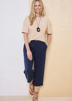 Cotton Traders Dark Blue Viscose Linen Blend Crop Trousers
