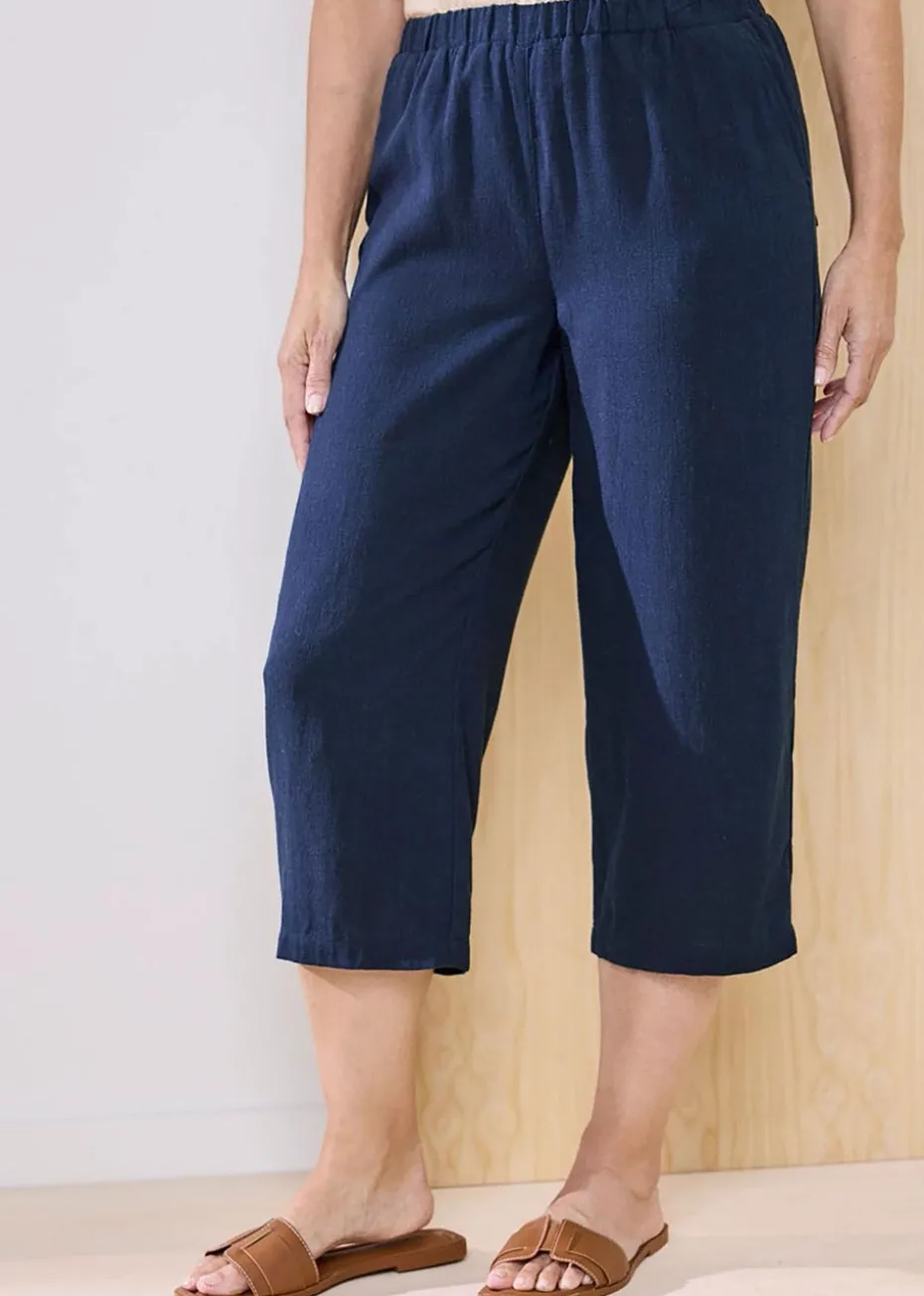 Cotton Traders Dark Blue Viscose Linen Blend Crop Trousers