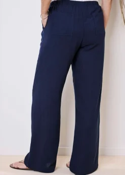 Cotton Traders Dark Blue Viscose Linen Blend Crop Trousers