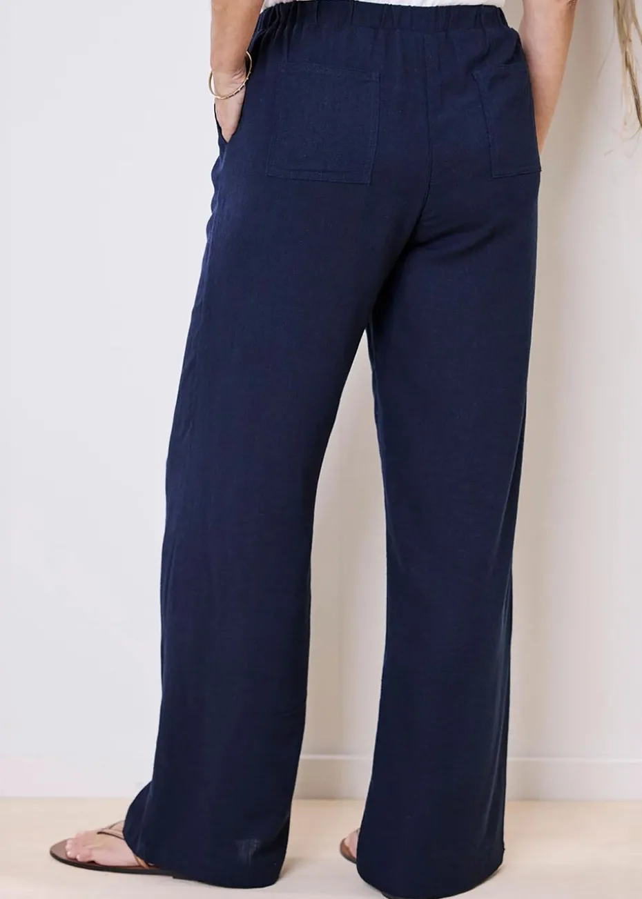 Cotton Traders Dark Blue Viscose Linen Blend Crop Trousers