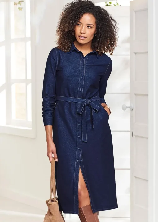 Cotton Traders Dark Blue Jersey Denim Midi Shirt Dress