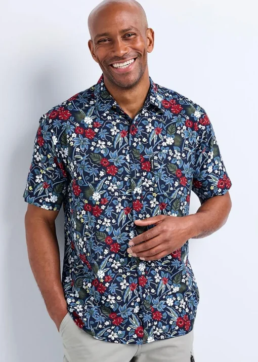 Cotton Traders Dark Blue Guinness Short Sleeve Soft Touch Hawaiian Print Shirt