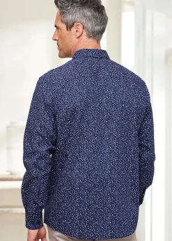 Cotton Traders Dark Blue Long Sleeve Supreme Easy-Care Print Shirt