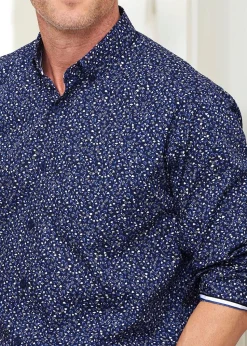 Cotton Traders Dark Blue Long Sleeve Supreme Easy-Care Print Shirt
