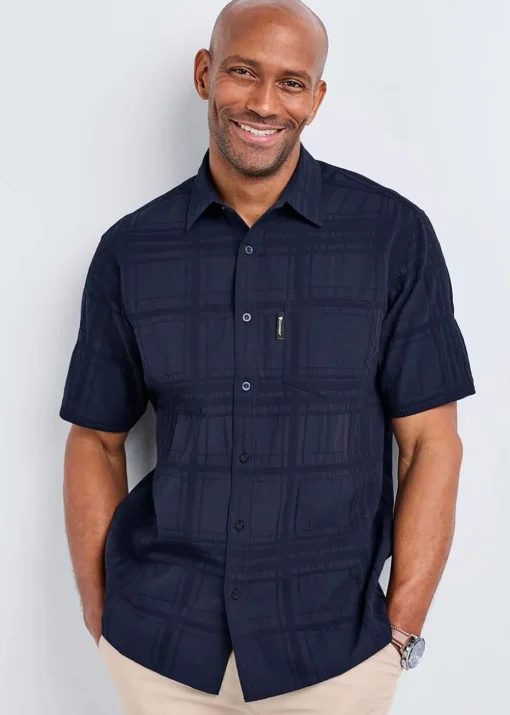 Cotton Traders Dark Blue Guinness Short Sleeve Textured Check Shirt