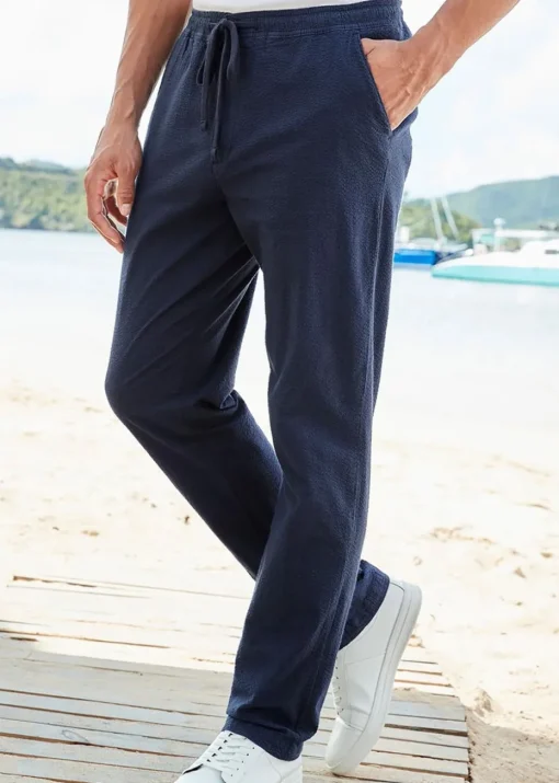 Cotton Traders Dark Blue Stretch Seersucker Trousers