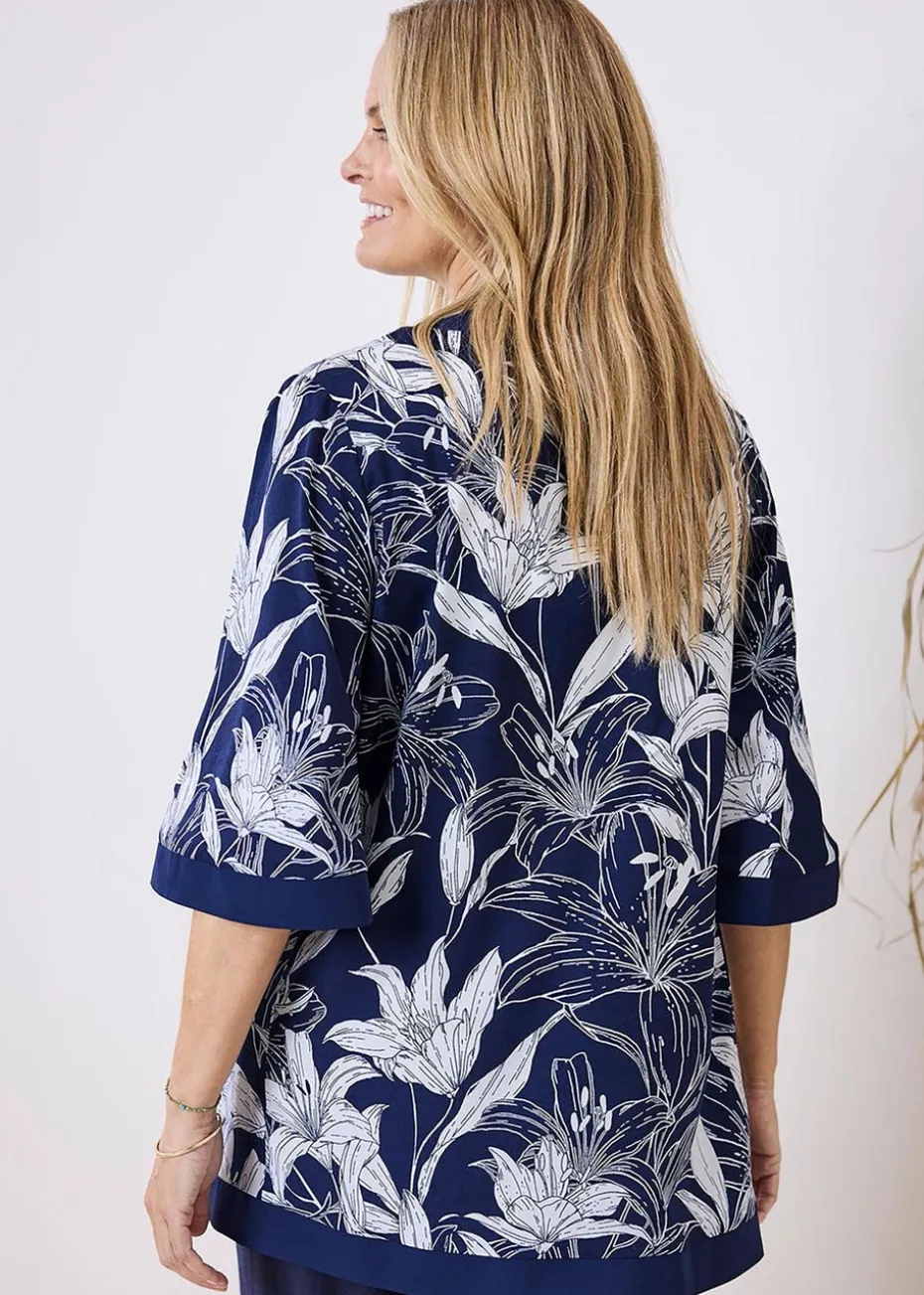 Cotton Traders Dark Blue Printed Kimono