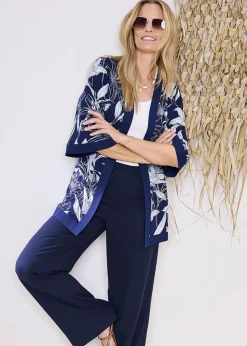 Cotton Traders Dark Blue Printed Kimono