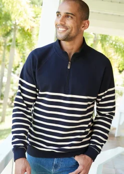 Cotton Traders Dark Blue Stripe Half Zip Sweatshirt