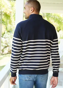 Cotton Traders Dark Blue Stripe Half Zip Sweatshirt