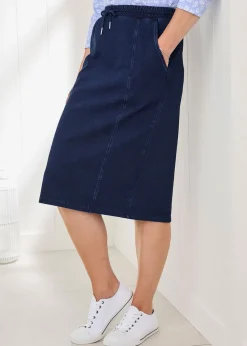 Cotton Traders Dark Blue Jersey Denim Pull-On Knee-Length Skirt