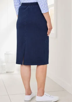 Cotton Traders Dark Blue Jersey Denim Pull-On Knee-Length Skirt