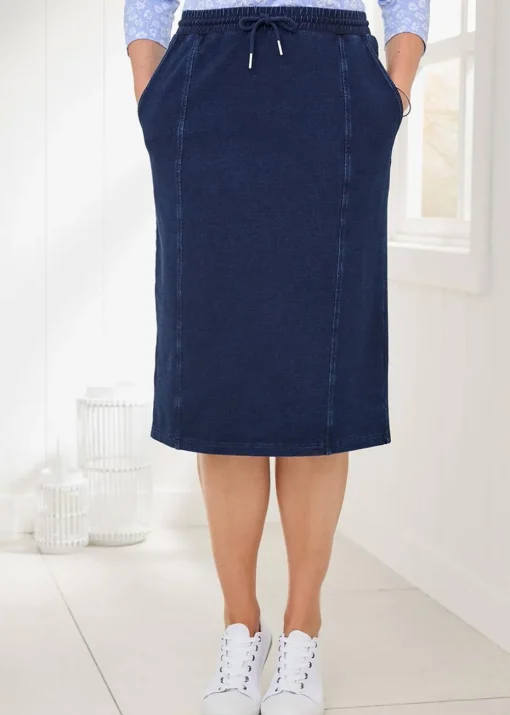 Cotton Traders Dark Blue Jersey Denim Pull-On Knee-Length Skirt