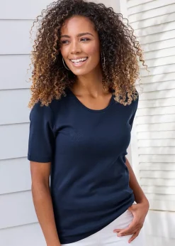 Cotton Traders Dark Blue Wrinkle Free Short Sleeve Scoop Neck Top