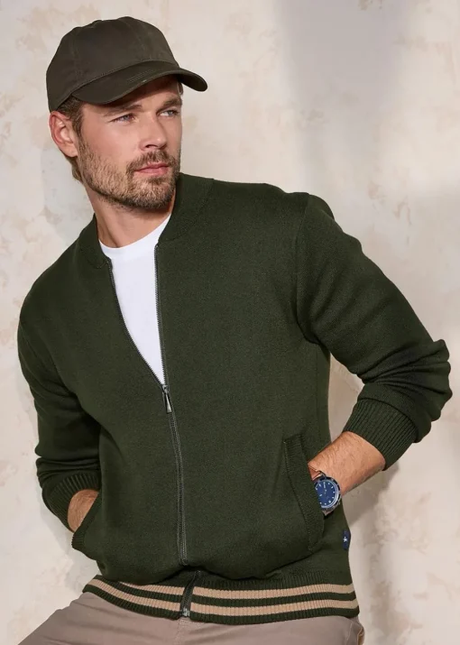 Cotton Traders Dark Green Premium Zip-Through Knitted Bomber