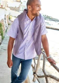 Cotton Traders Deep Lilac Short Sleeve Patterned Oxford Shirt