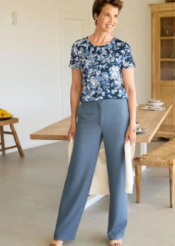 Cotton Traders Dusky Blue Textured Jersey Straight-Leg Trousers