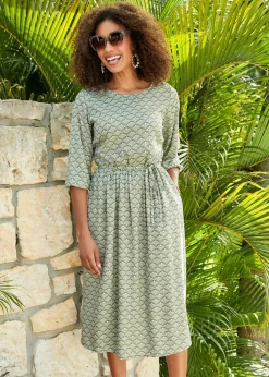 Cotton Traders Dusky Mint 3/4 Sleeve Print Dress