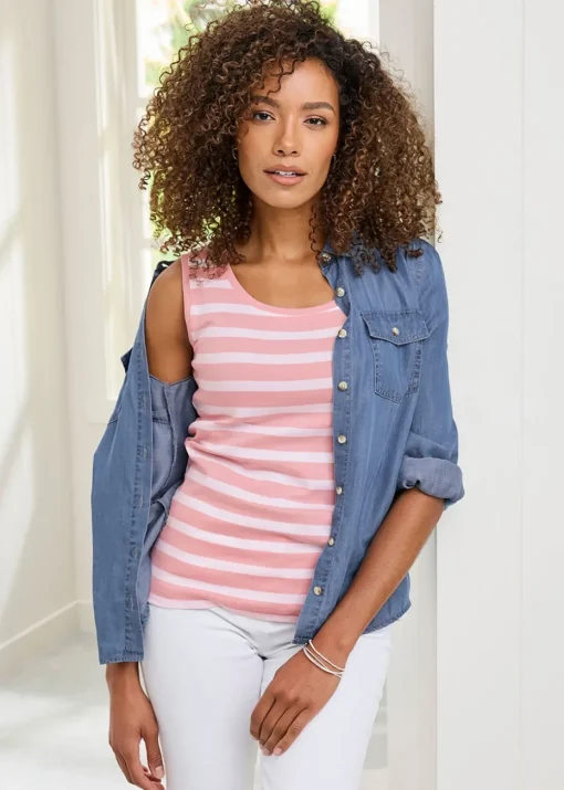 Cotton Traders Dusky Pink Wrinkle Free Scoop Neck Stripe Vest