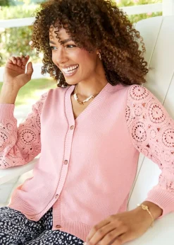 Cotton Traders Dusky Pink Lace Knit Sleeve Cardigan