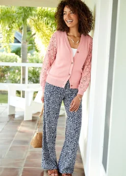 Cotton Traders Dusky Pink Lace Knit Sleeve Cardigan