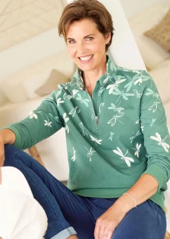Cotton Traders Dusty Jade Print Zip-Neck Sweatshirt