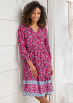 Cotton Traders Fuchsia Print Knee Length Dress